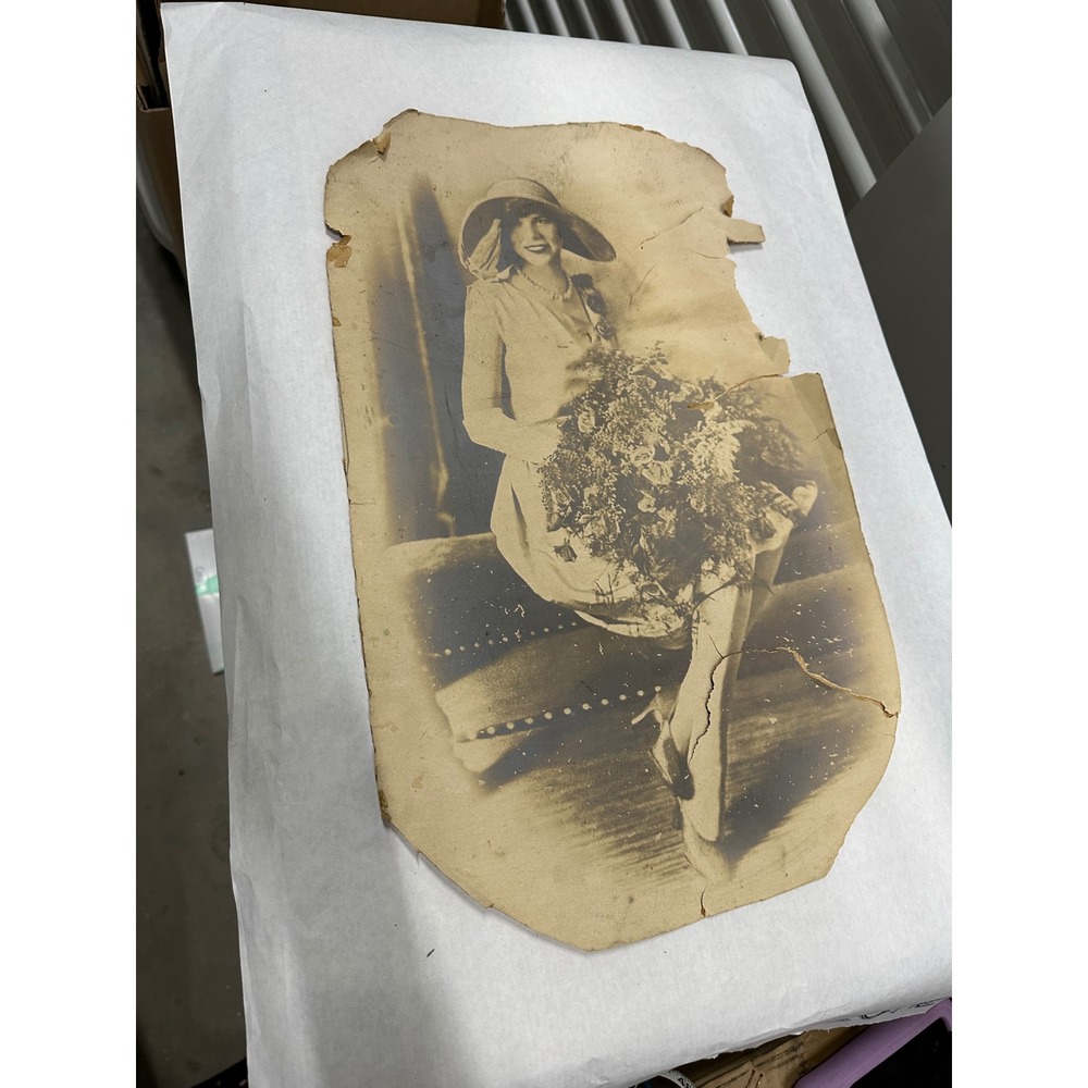 Antique Sepia Portrait Photograph 1920s Flapper Woman Hat Flowers Ephemera